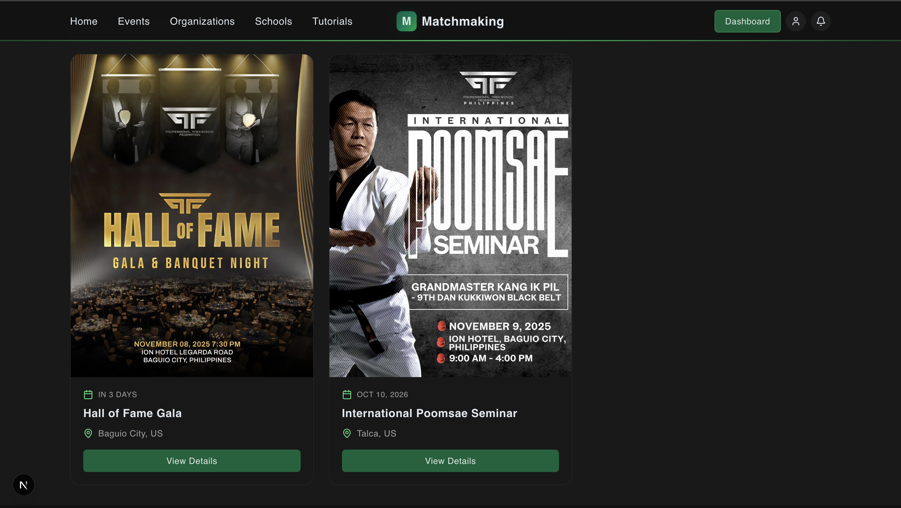 Event detail page showing information