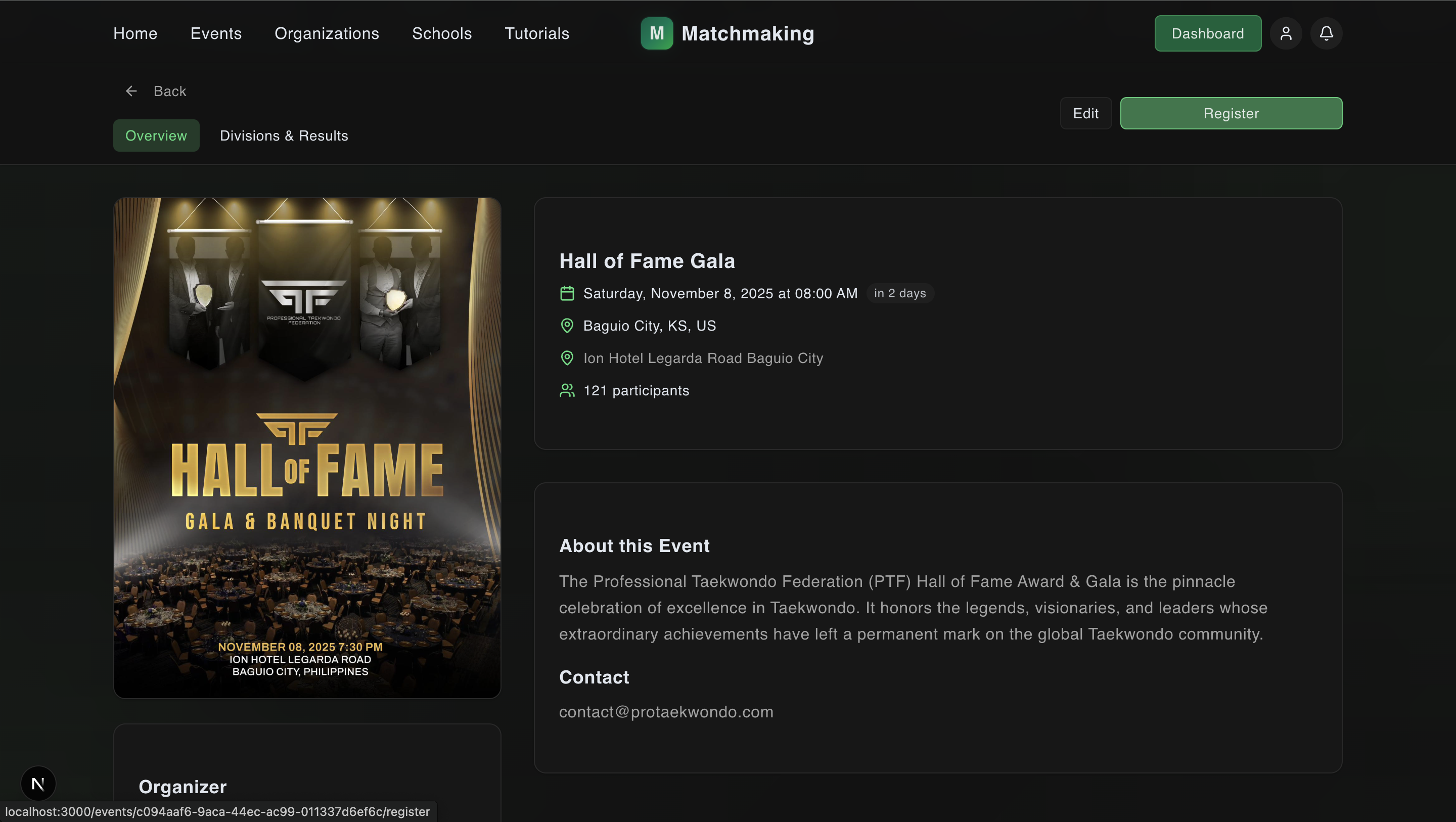 Register button on event page
