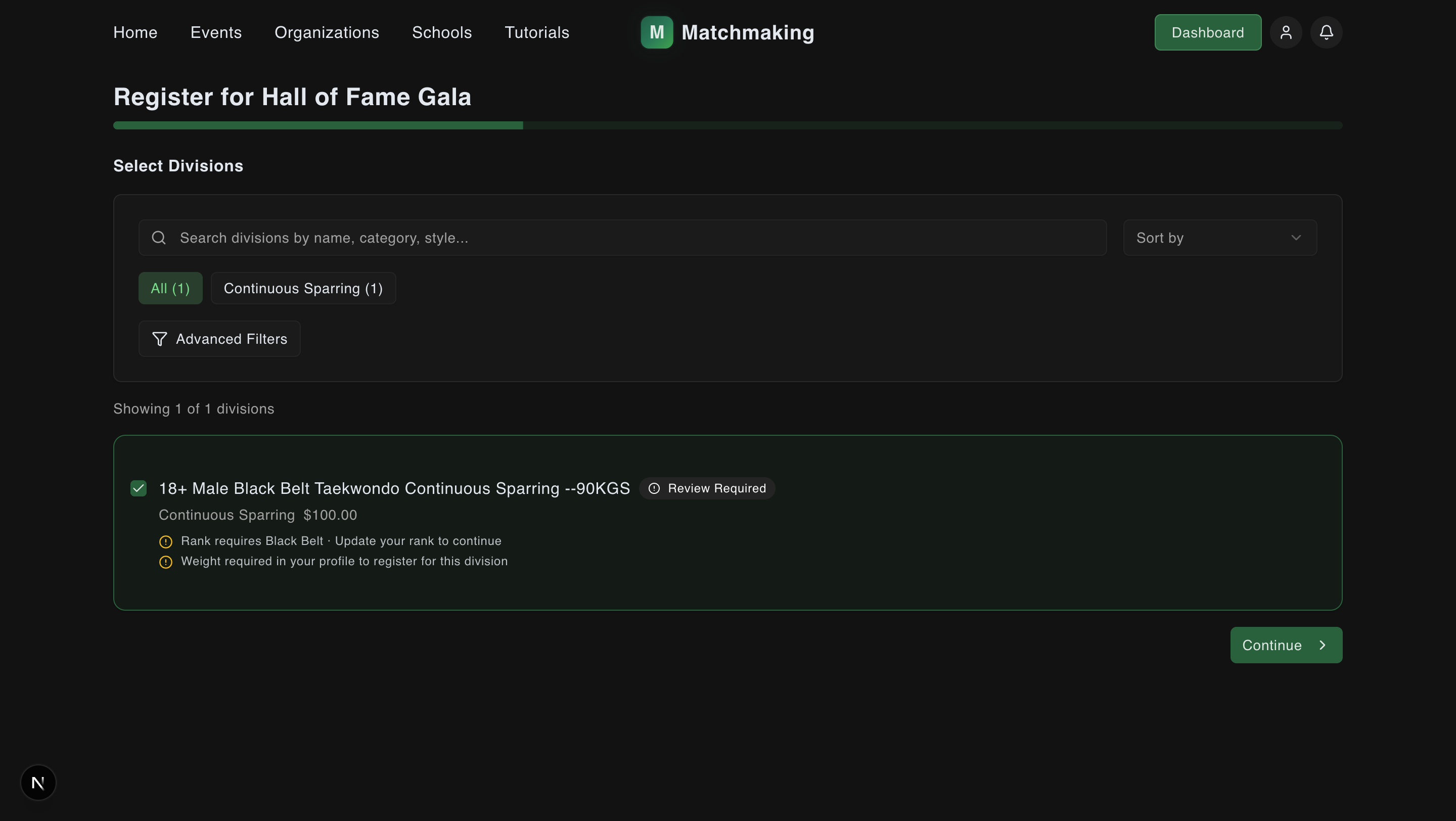 Division selection interface