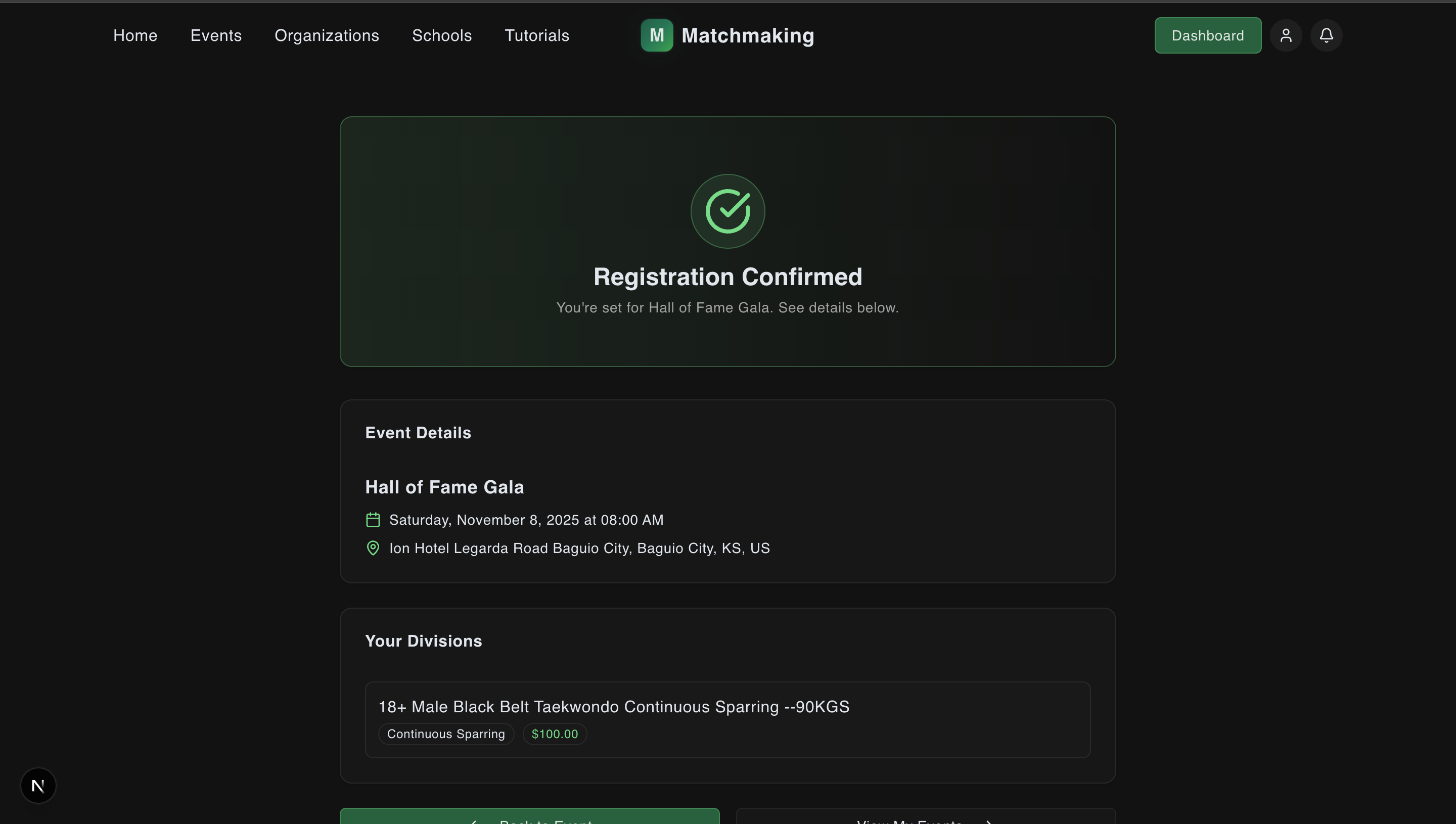 Registration confirmed screen