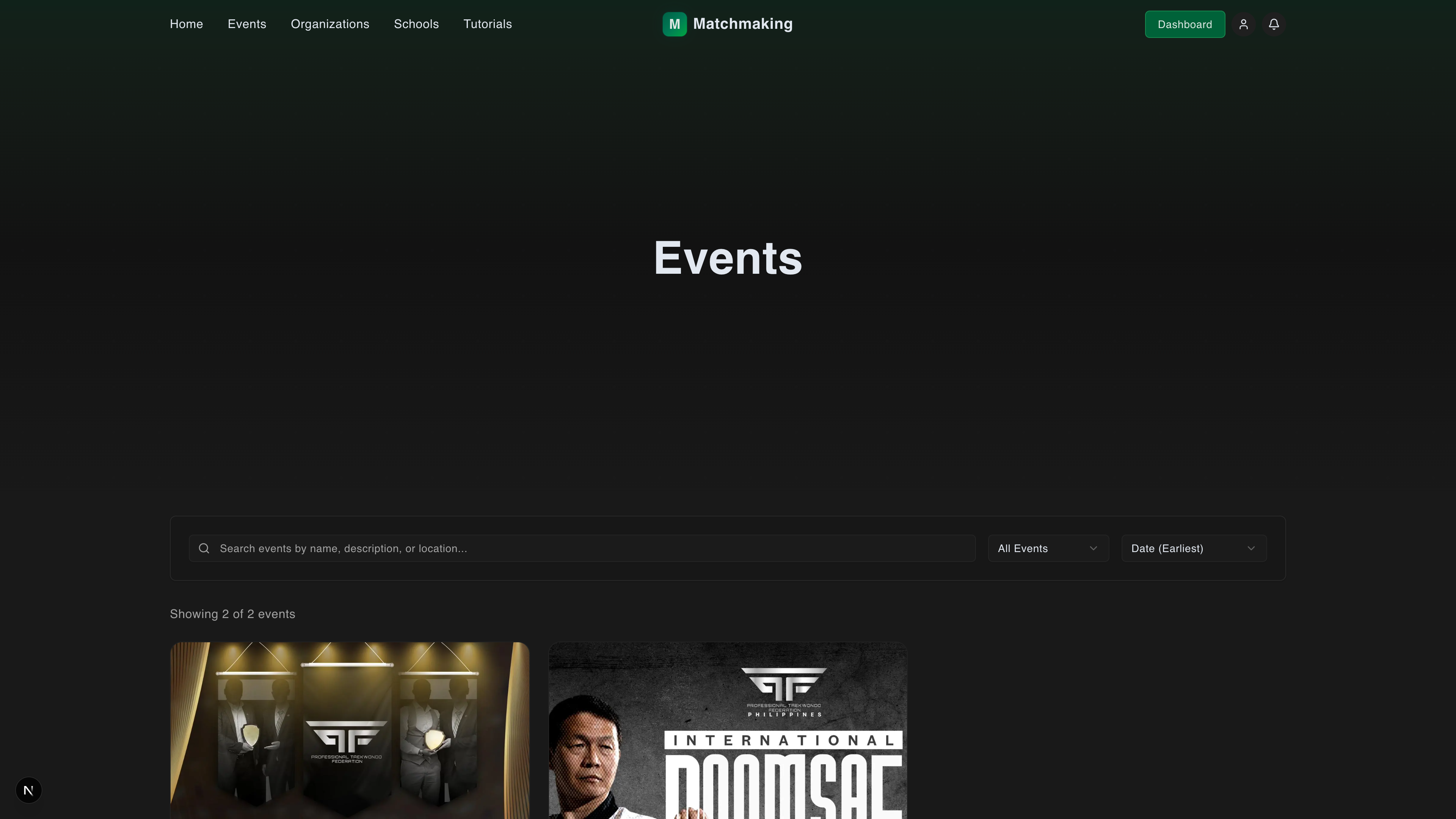 Events page showing list of tournaments