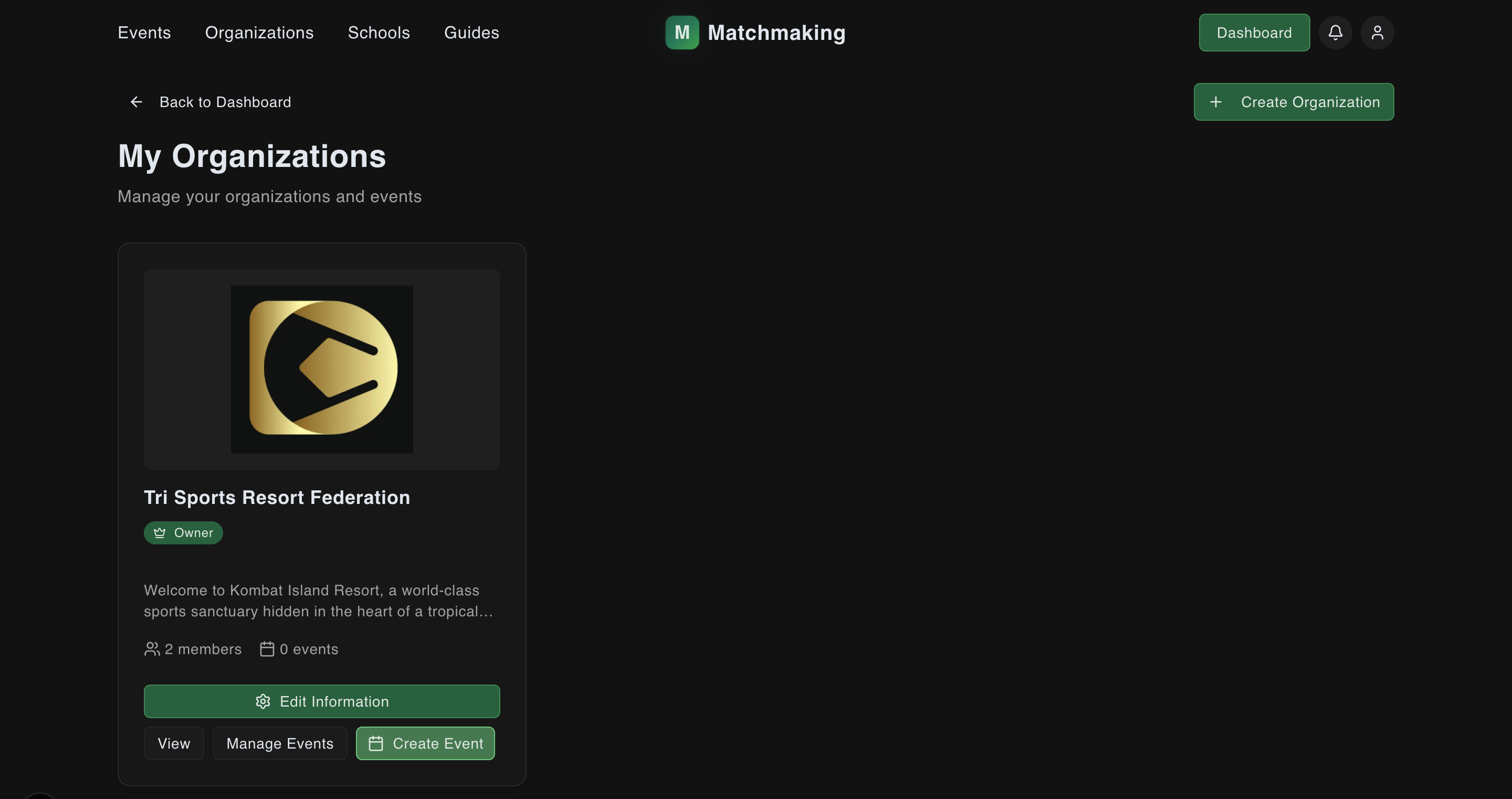 Dashboard showing My Organizations with the Create Event button
