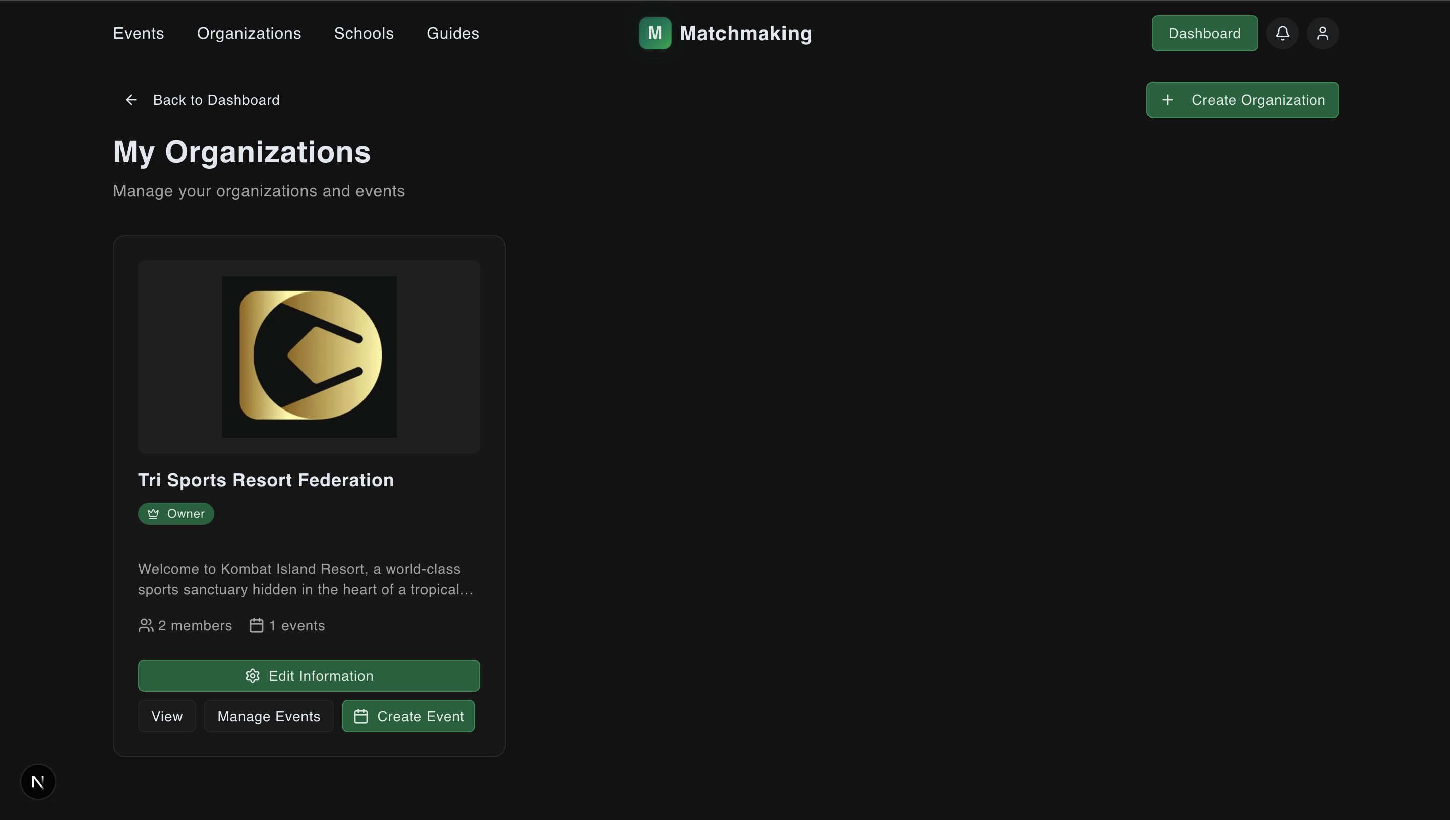 Manage Events button in the organization's events list