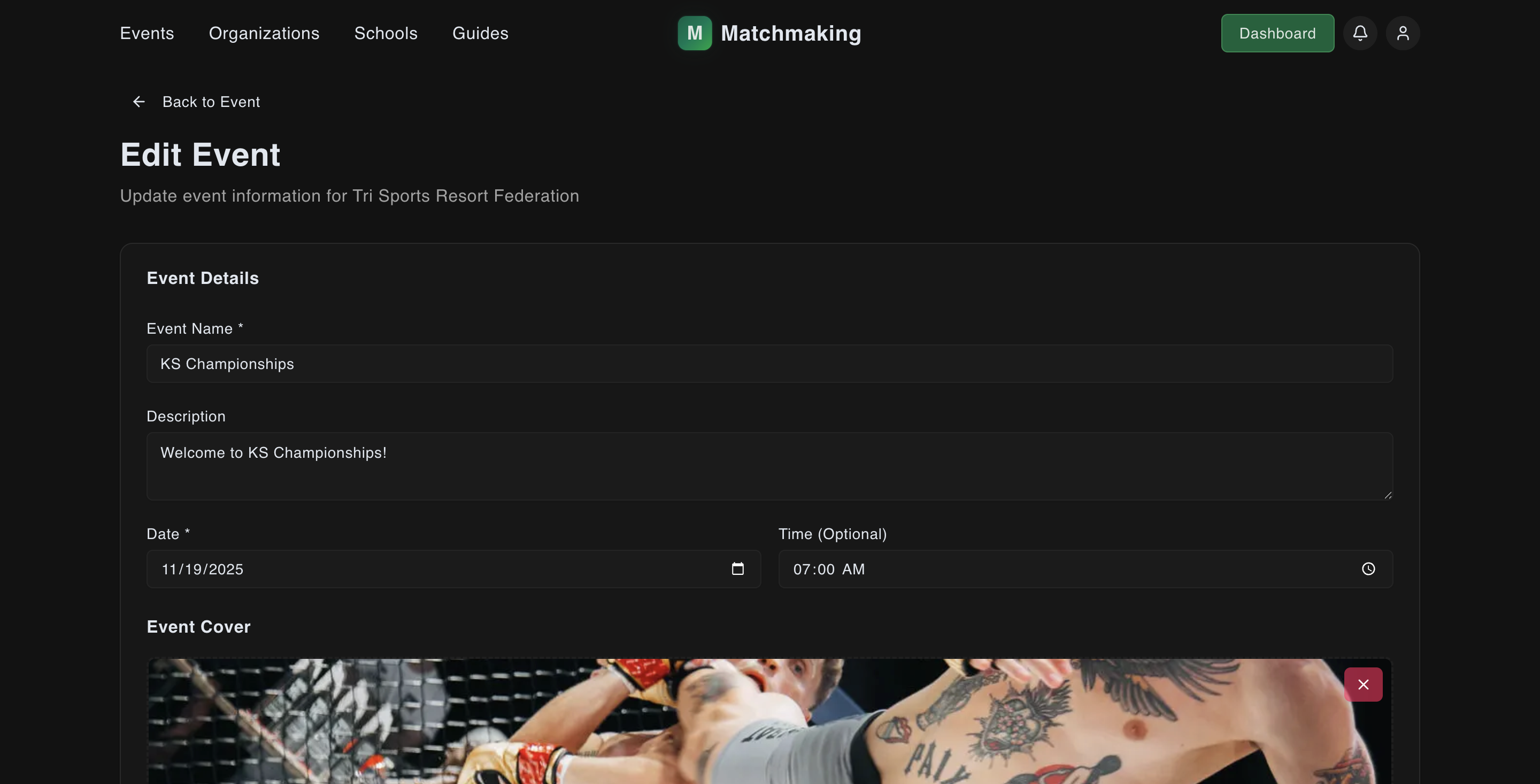 Event edit form showing basic information fields