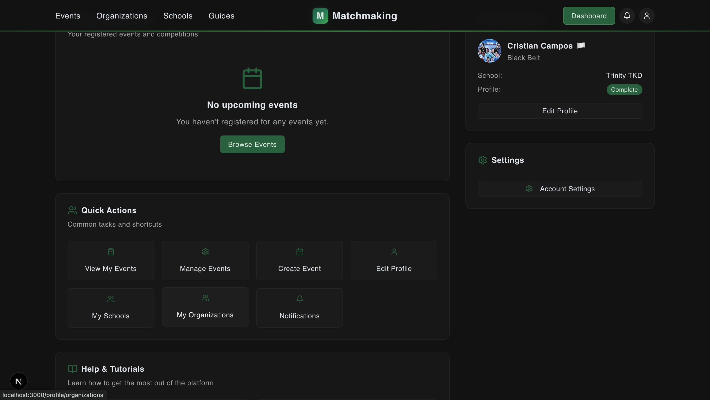 Dashboard with the My Organizations card highlighted