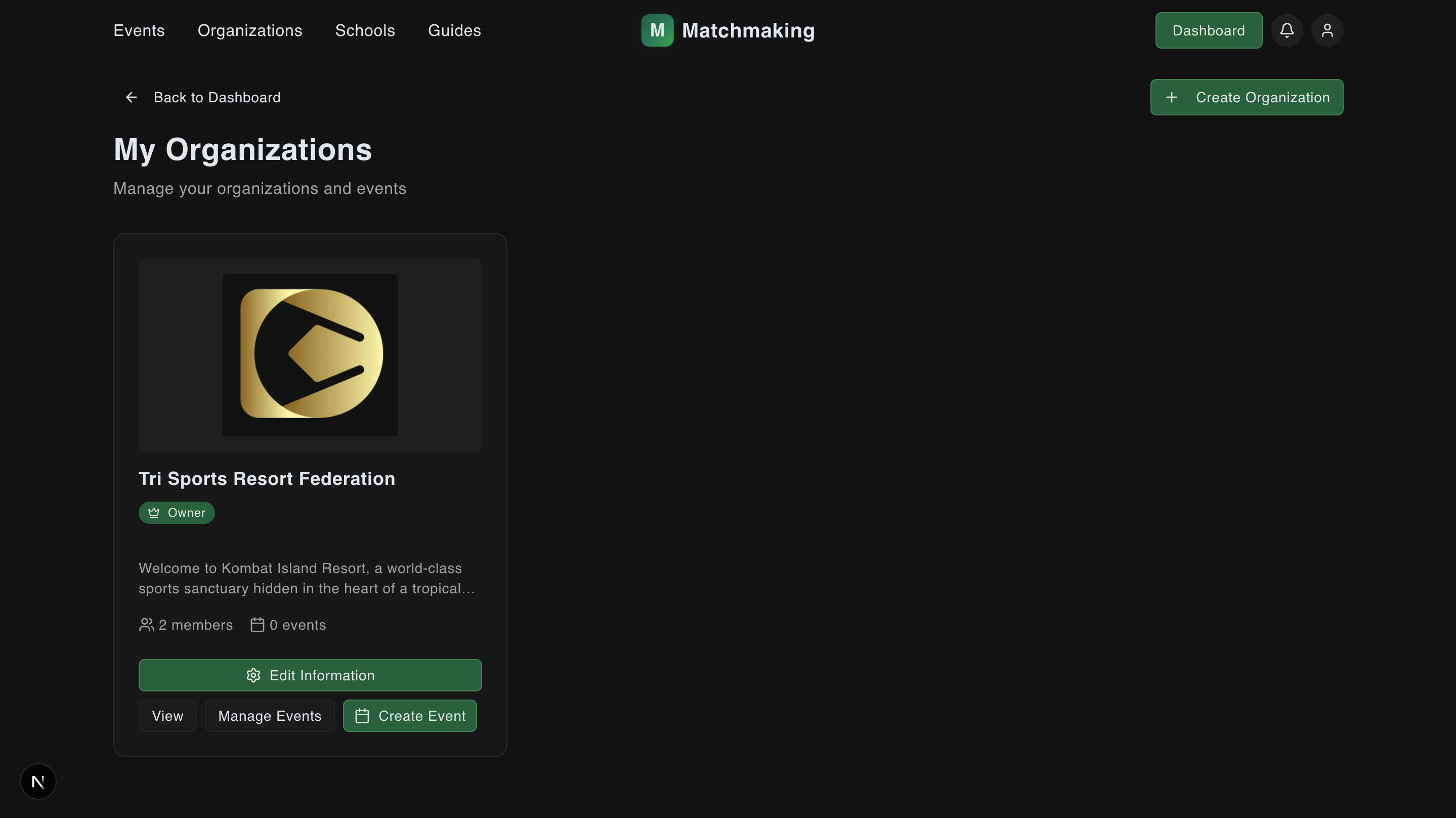 Organizations page showing the Create Event button