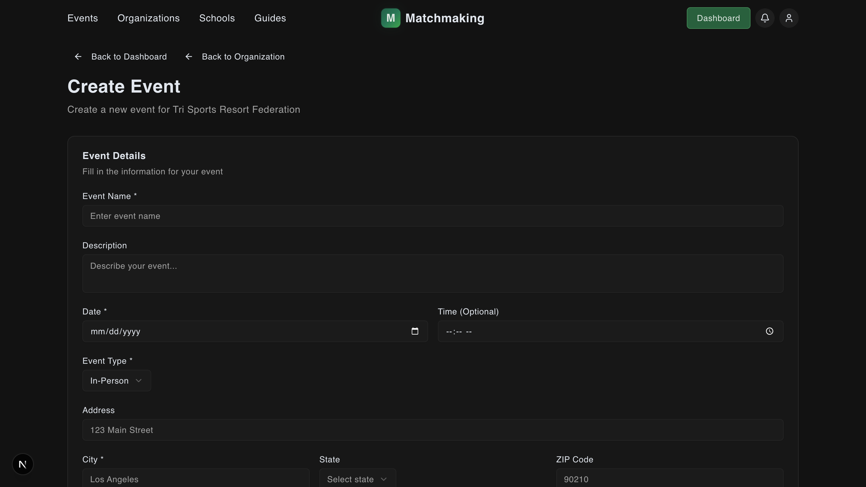 Event creation form showing required fields