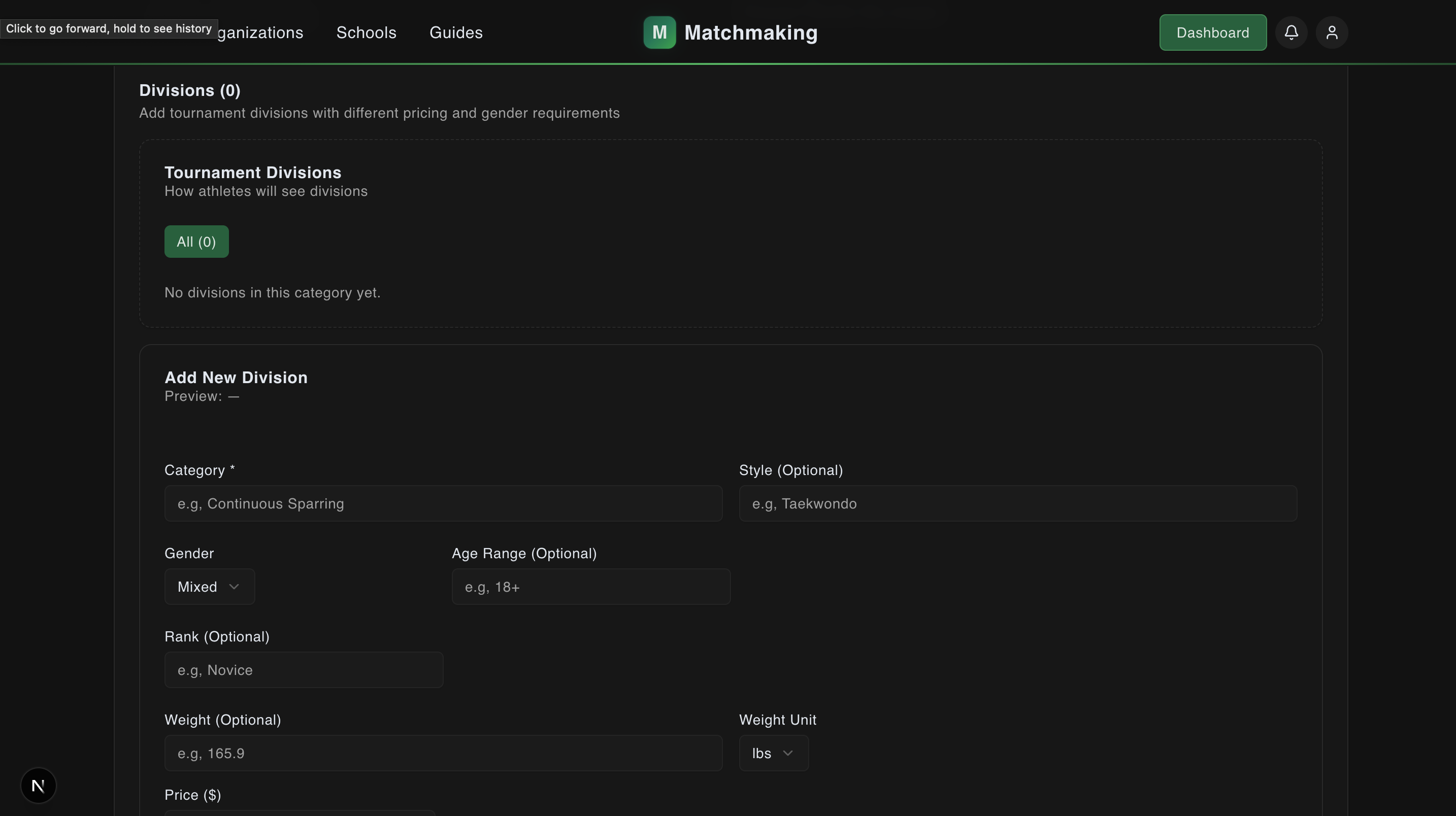 Event editor showing the Divisions tab highlighted