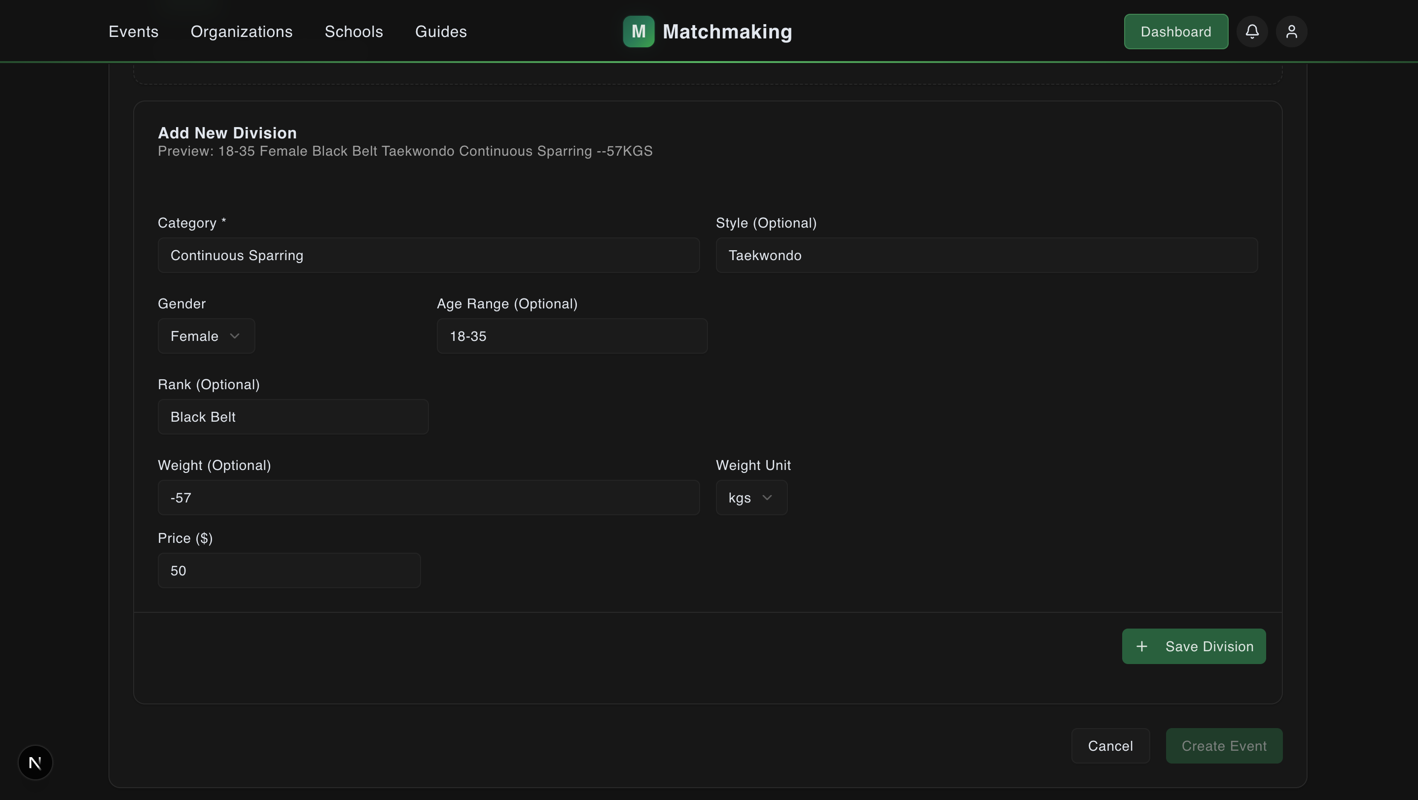 Division form with the Save Division button
