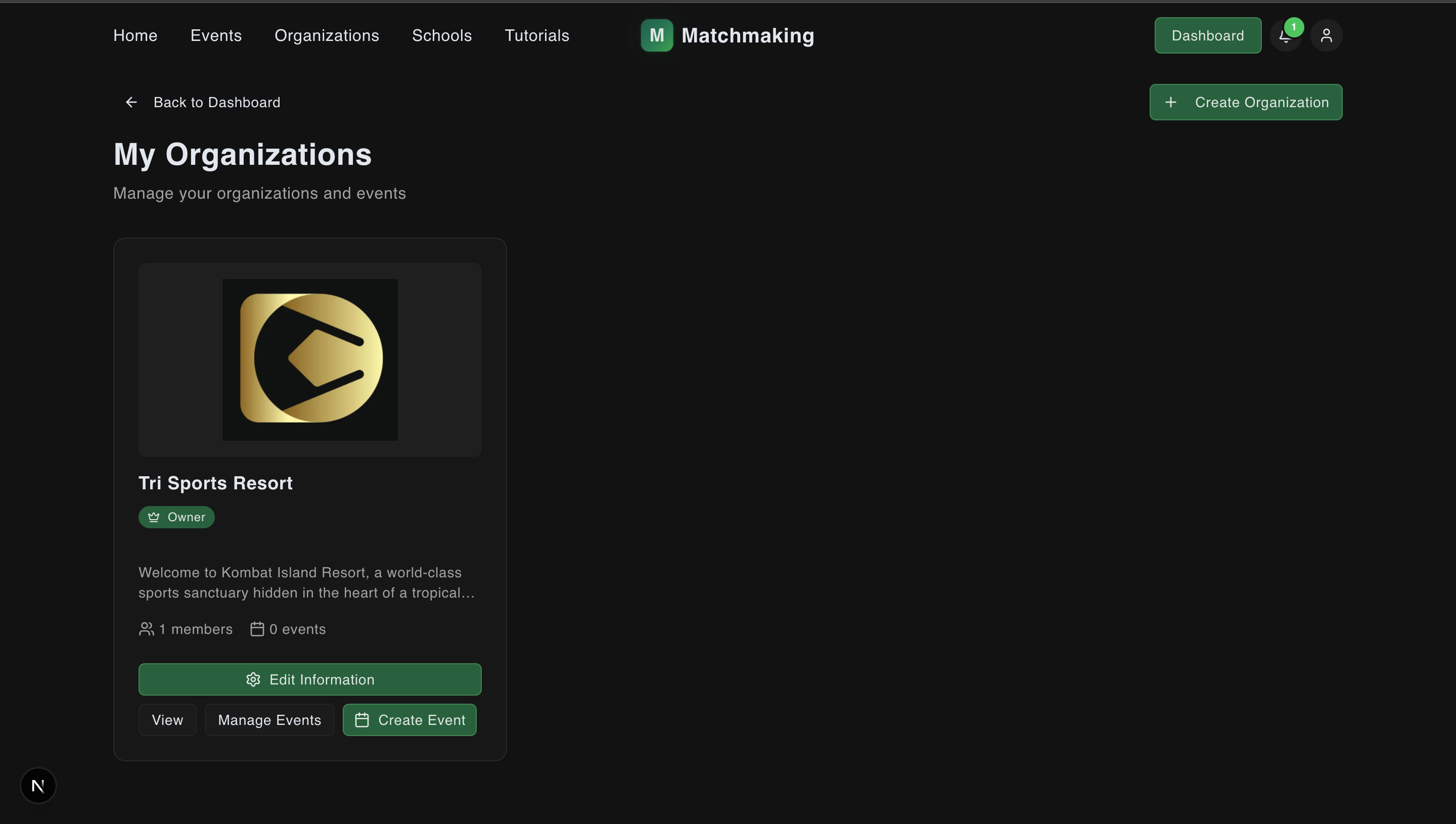 Dashboard showing My Organizations card with Edit Information button