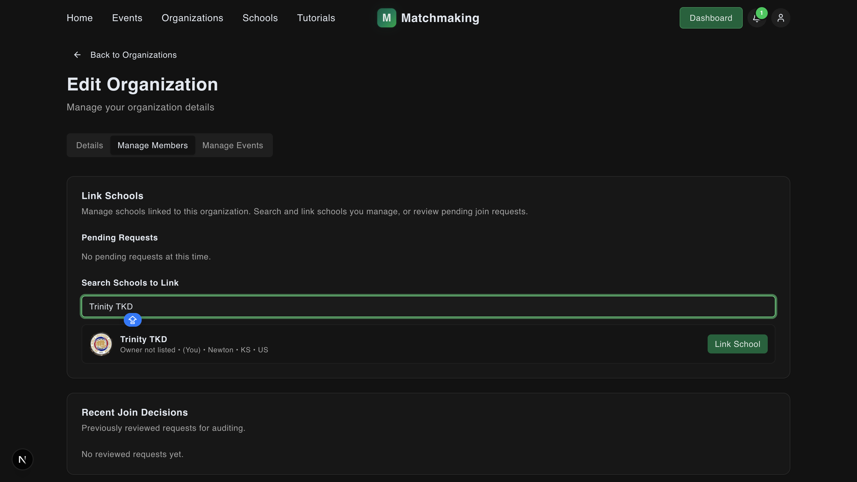 Manage Members tab with school search and Link School button