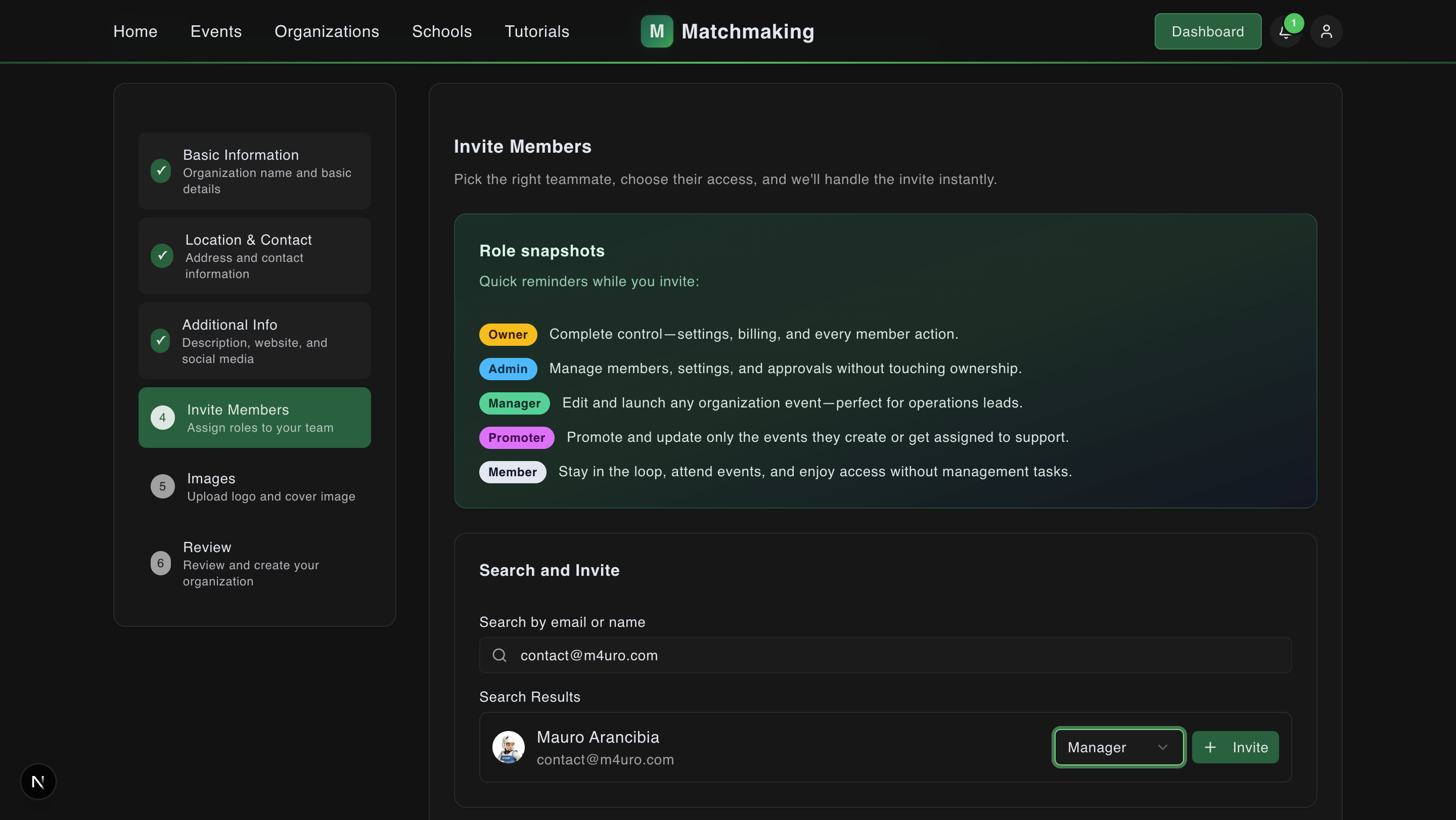Invite members interface with role dropdown