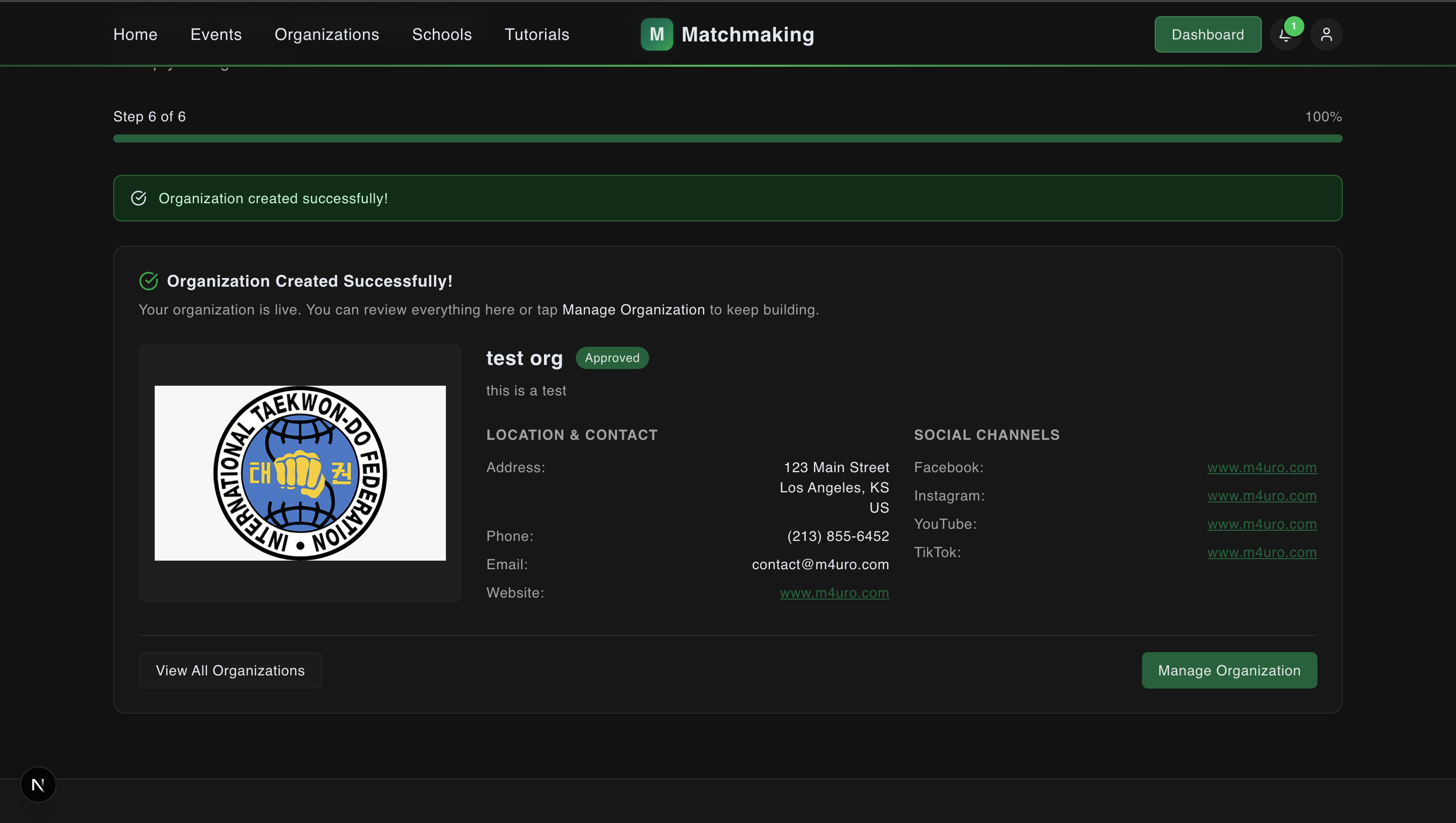 Organization created success screen with manage button