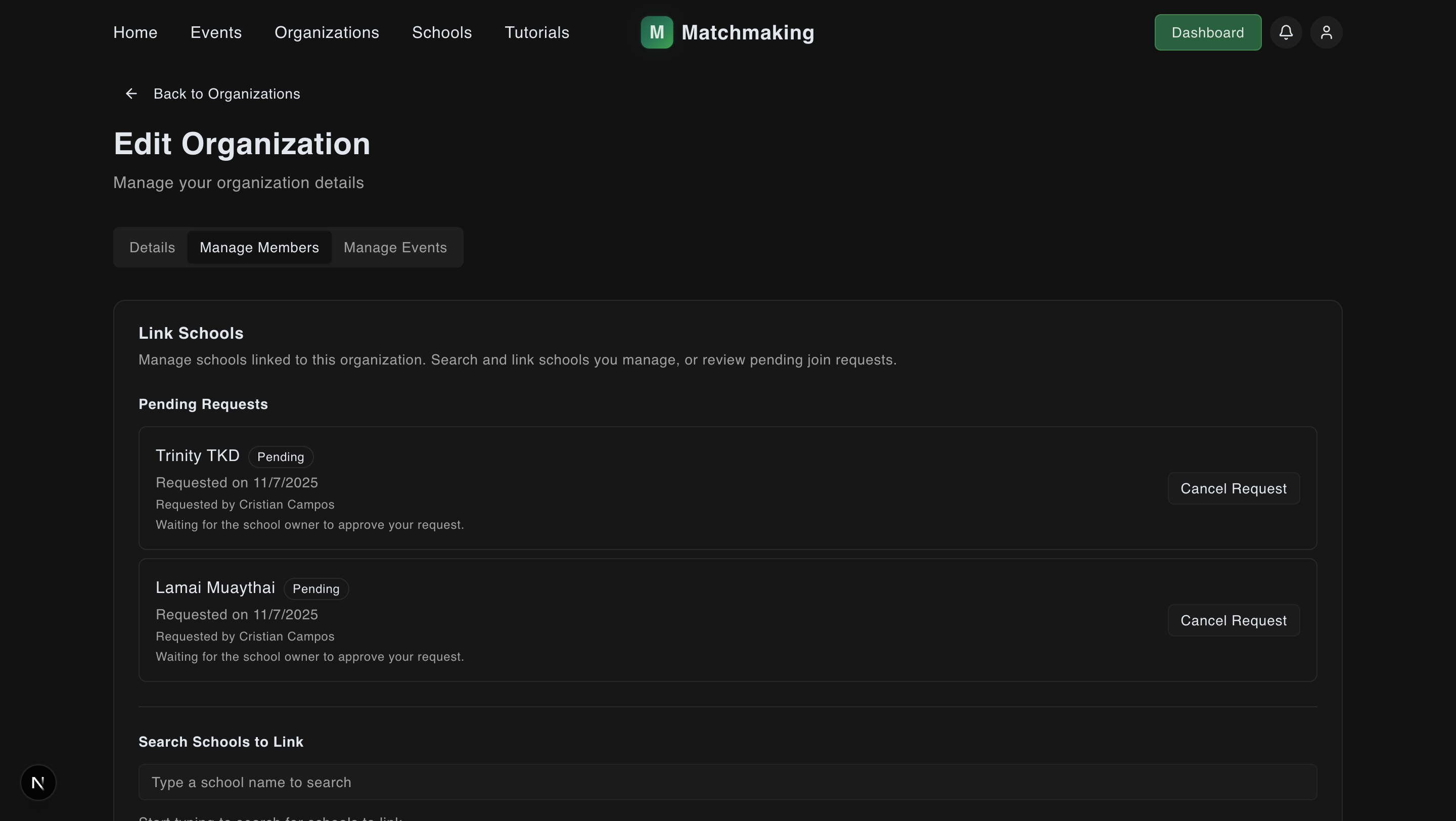 Linked schools list with unlink option