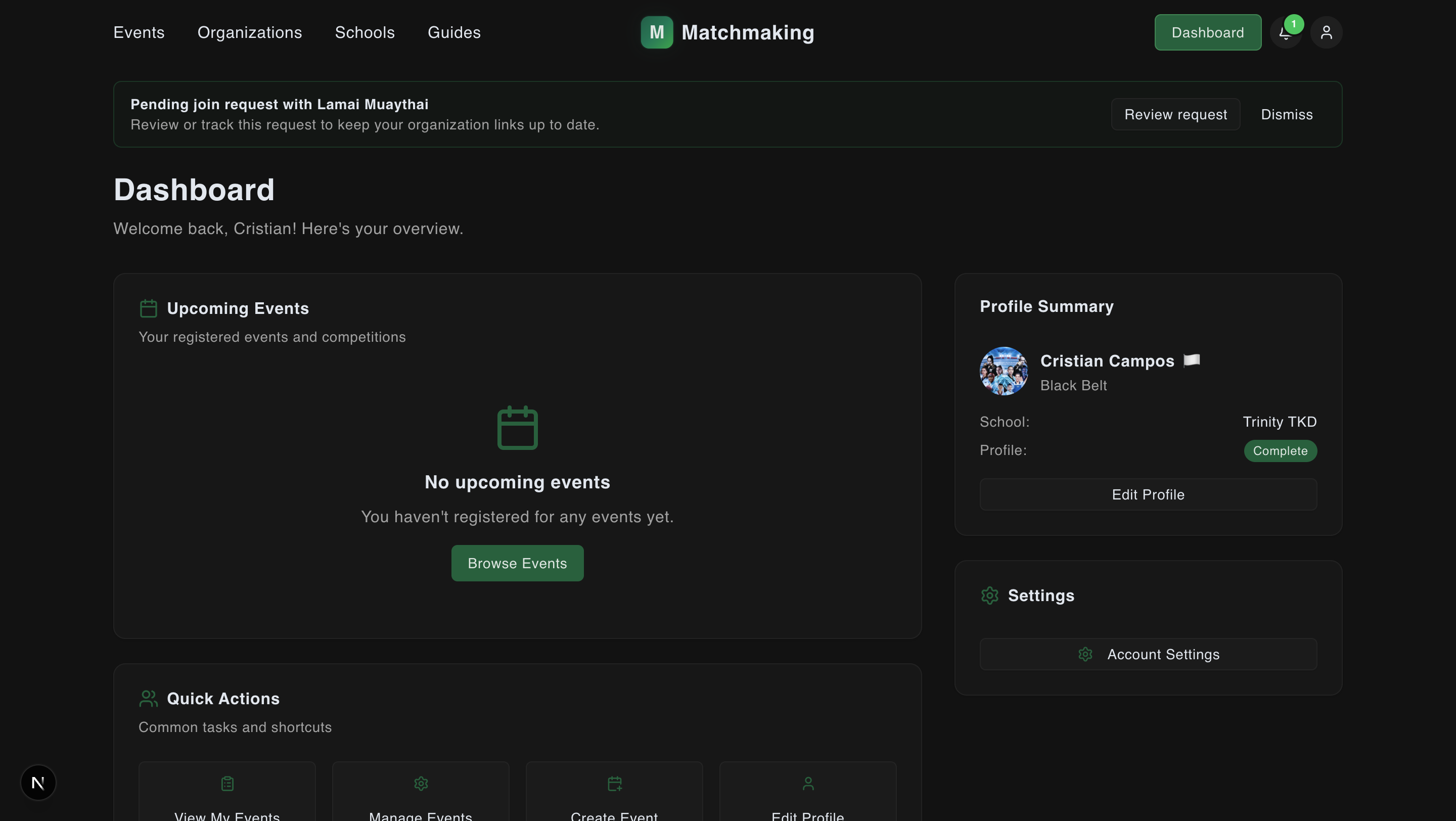 Dashboard notification requesting club approval